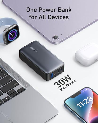 Εξωτερική μπαταρία Anker 533, 10000mAh, 30W, QC + PD, 1 x USB-A - 2 x USB-C, μαύρο A1256G12