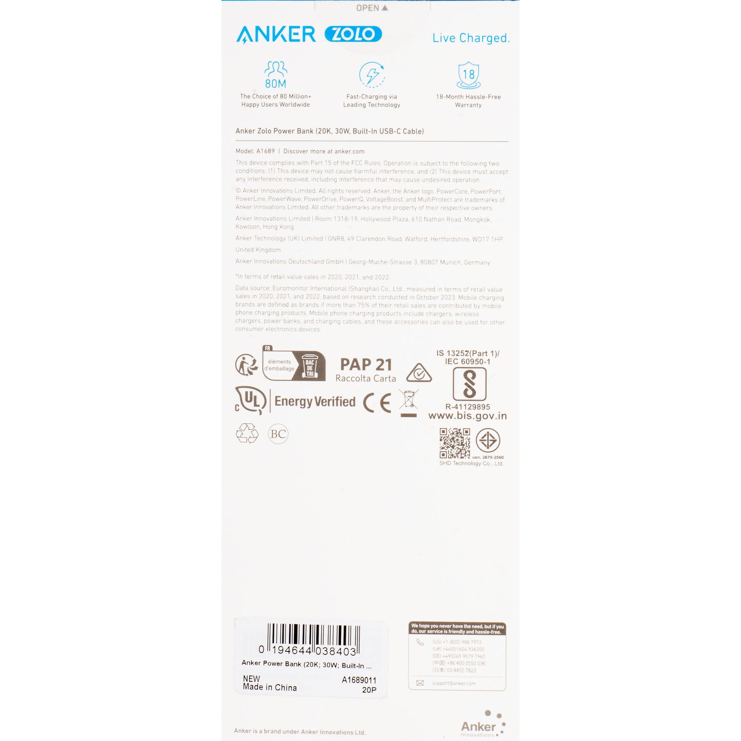 Εξωτερική Μπαταρία Anker Zolo, 20000mAh, 30W, QC + PD, 1 x USB-A - 2 x USB-C, Μαύρη A1689011