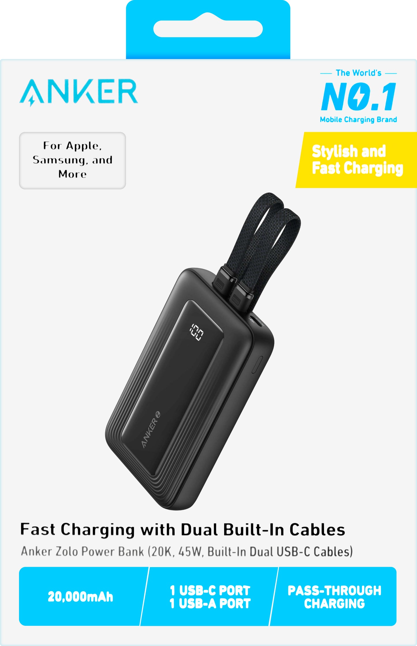 Εξωτερική Μπαταρία Anker Zolo, 20000mAh, 45W, QC + PD, 1 x USB-A - 3 x USB-C, Μαύρη A1681H12
