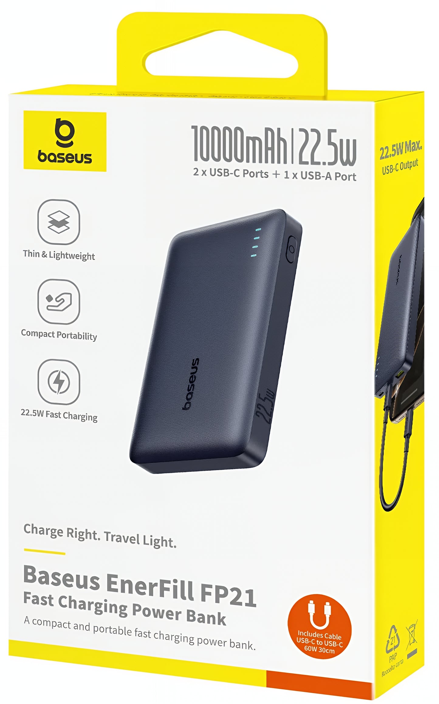 Εξωτερική Μπαταρία Baseus EnerFill FP21, 10000mAh, 22.5W, QC + PD, 1 x USB-A - 2 x USB-C, Μαύρη P1008210D123-00