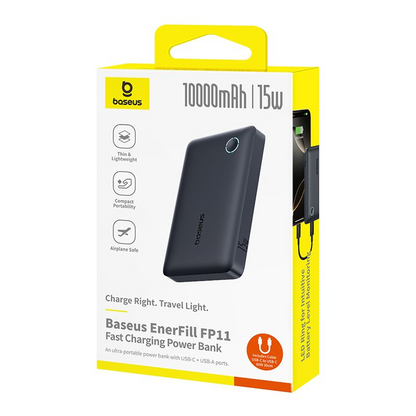 Baseus EnerFill FP11 External Battery, 10000mAh, 15W, 1 x USB-A - 1 x USB-C, Black P1008210C123