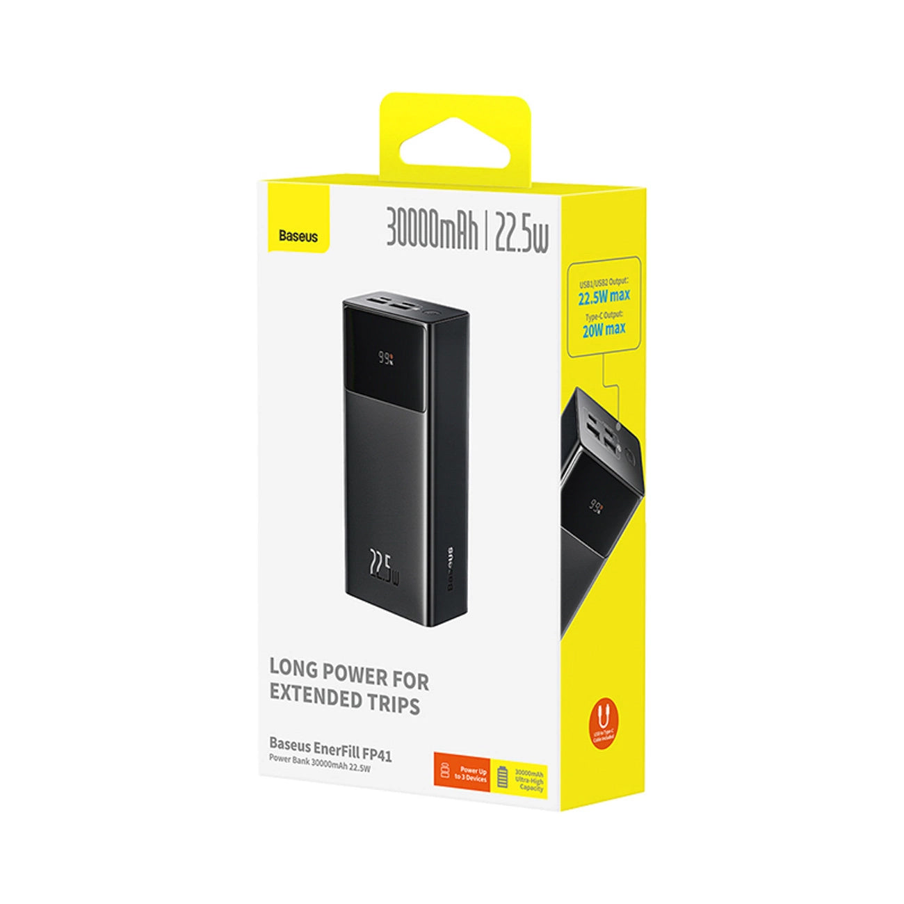 Εξωτερική Μπαταρία Baseus EnerFill FP41, 30000mAh, 22.5W, QC + PD, 1 x USB-C - 2 x USB-A, Μαύρη