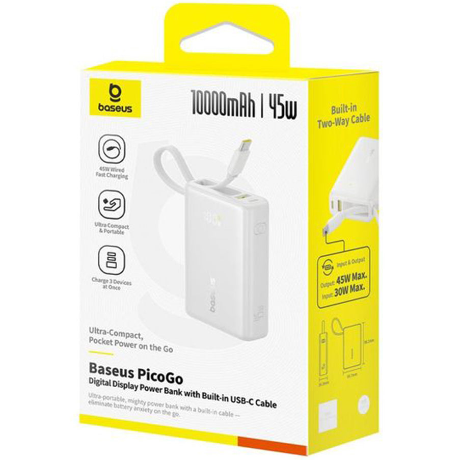 Εξωτερική Μπαταρία Baseus PicoGo, 10000mAh, 45W, QC + PD, 1 x USB-A - 2 x USB-C, Λευκή P10076803213-00