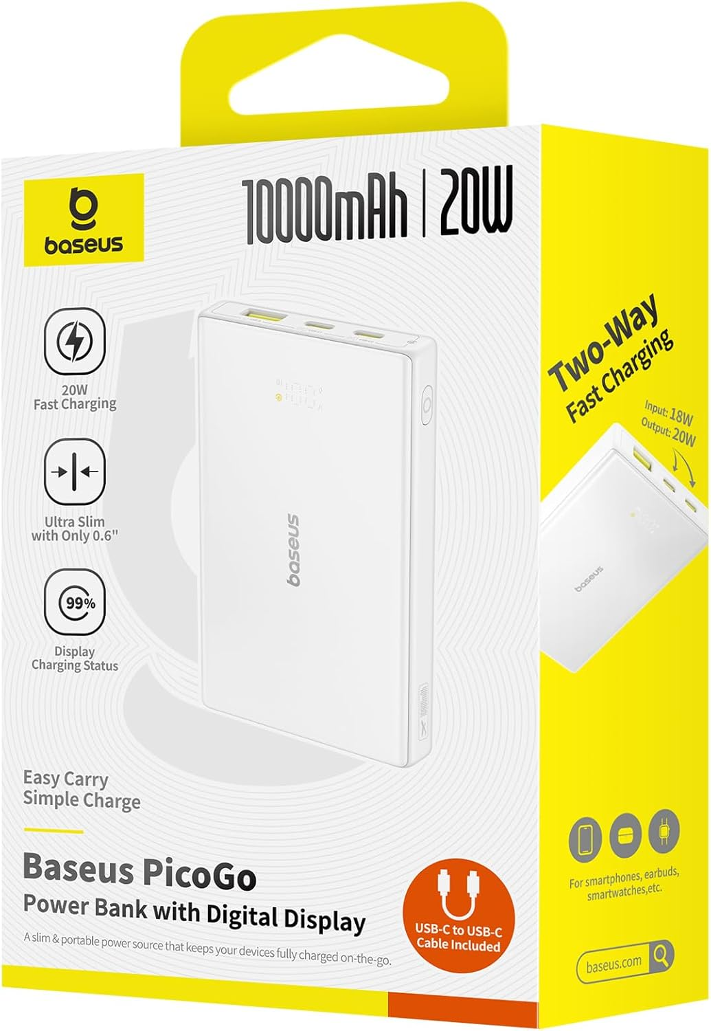 Εξωτερική Μπαταρία Baseus PicoGo, 10000mAh, 20W, QC + PD, 1 x USB-A - 2 x USB-C, Λευκή P10076801213-00