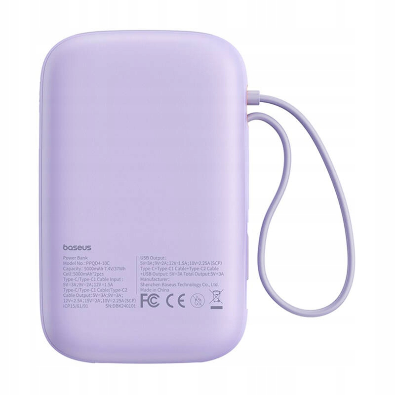 Εξωτερική Μπαταρία Baseus Qpow2, 10000mAh, 30W, QC + PD, 1 x USB-A - 3 x USB-C, Μωβ P10055008513-00