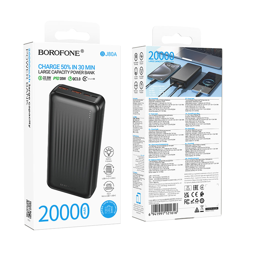 Εξωτερική Μπαταρία Borofone BJ80A Clever, 20000mAh, 22.5W, QC + PD, 1 x USB-C - 2 x USB-A, Μαύρη