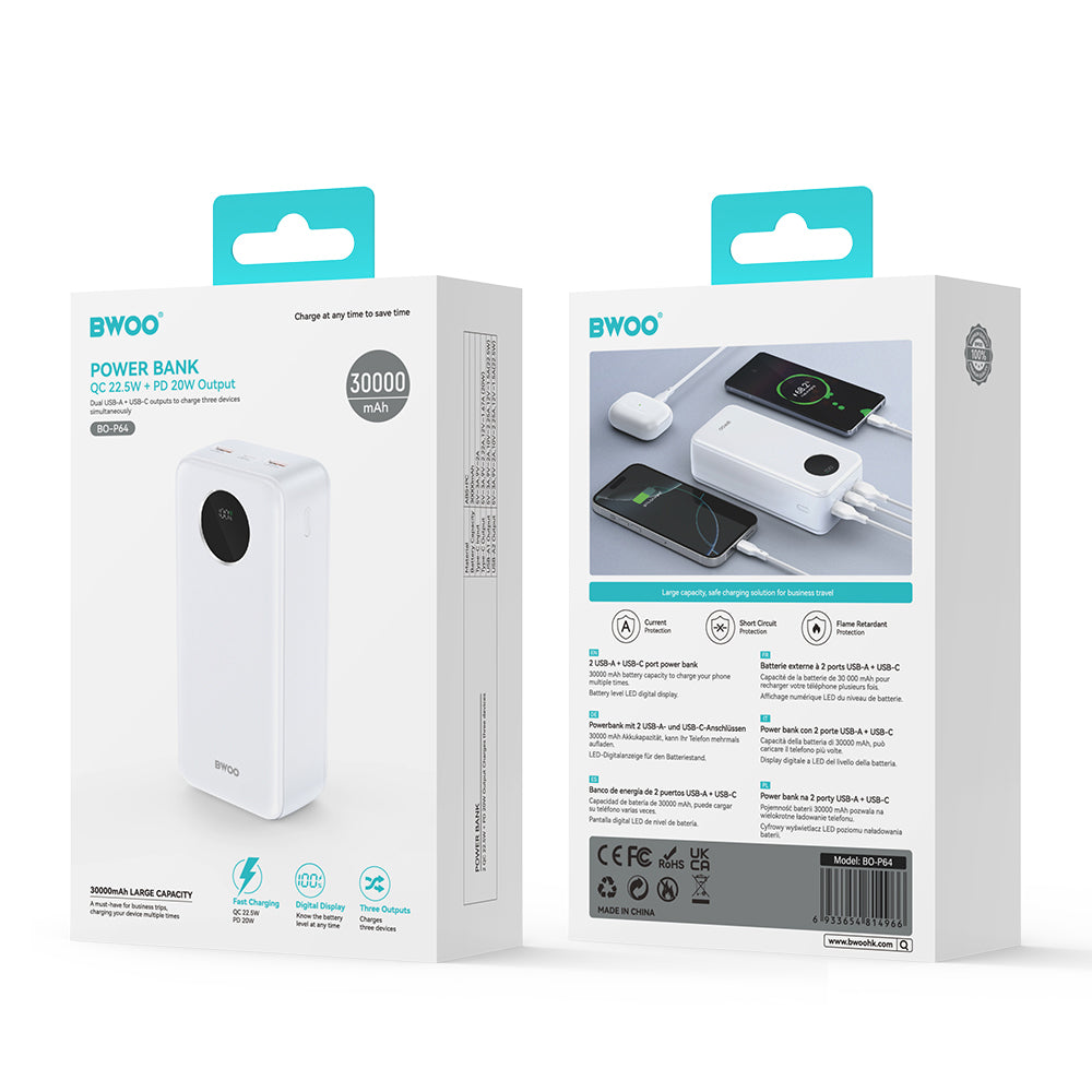 Εξωτερική Μπαταρία BWOO BO-P64, 30000mAh, 22.5W, QC + PD, 1 x USB-C - 2 x USB-A, Λευκή