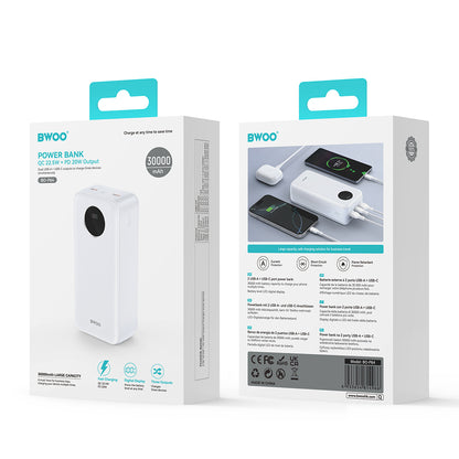 Εξωτερική Μπαταρία BWOO BO-P64, 30000mAh, 22.5W, QC + PD, 1 x USB-C - 2 x USB-A, Λευκή