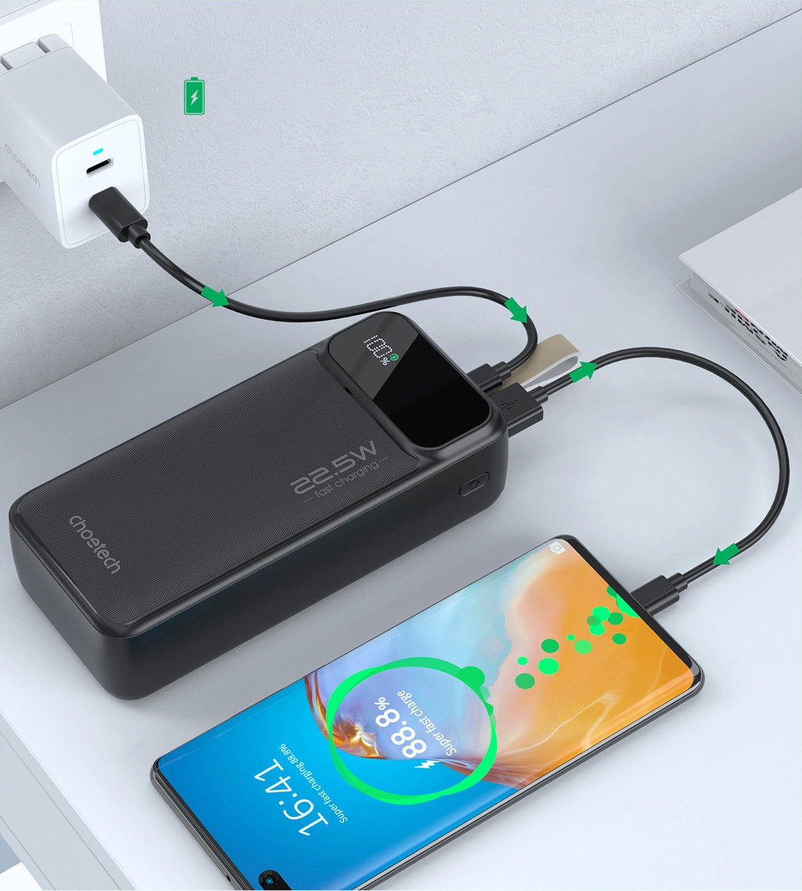 Choetech B730 Εξωτερική μπαταρία, 30000mAh, 22.5W, QC + PD, 1 x USB-C - 2 x USB-A, Μαύρο 