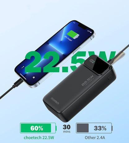 Choetech B730 Εξωτερική μπαταρία, 30000mAh, 22.5W, QC + PD, 1 x USB-C - 2 x USB-A, Μαύρο 