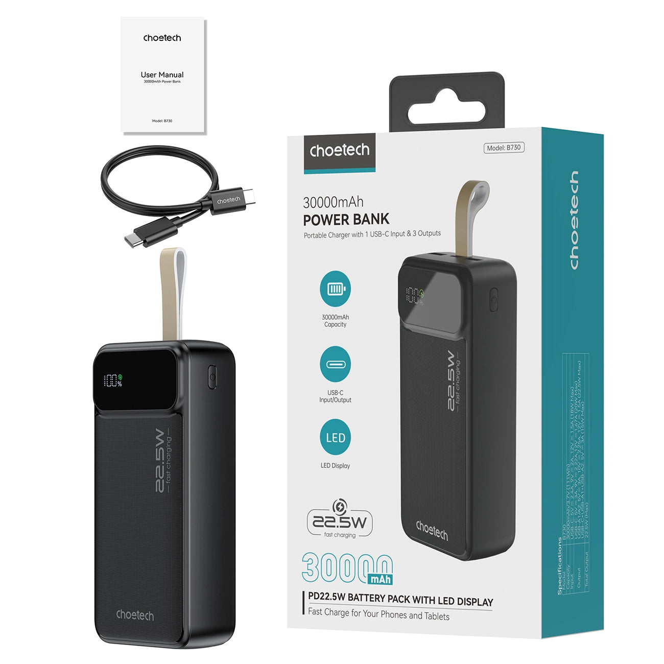 Choetech B730 Εξωτερική μπαταρία, 30000mAh, 22.5W, QC + PD, 1 x USB-C - 2 x USB-A, Μαύρο 