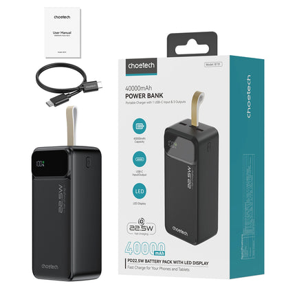 Choetech B731 Εξωτερική μπαταρία, 40000mAh, 22.5W, QC + PD, 1 x USB-C - 2 x USB-A, Μαύρο 