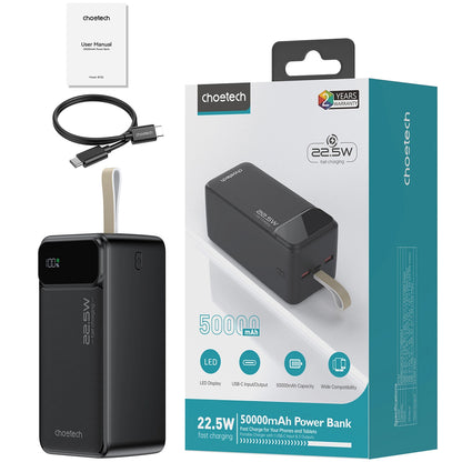 Εξωτερική μπαταρία Choetech B732, 50000mAh, 22.5W, QC + PD, 1 x USB-C - 2 x USB-A, Μαύρο 