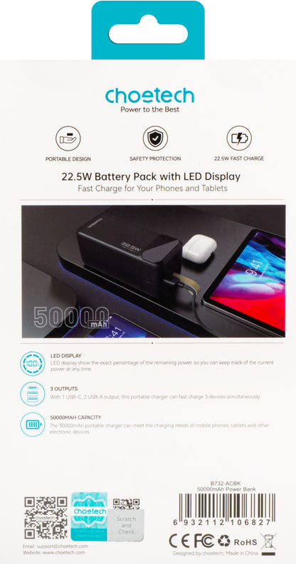 Εξωτερική μπαταρία Choetech B732, 50000mAh, 22.5W, QC + PD, 1 x USB-C - 2 x USB-A, Μαύρο 