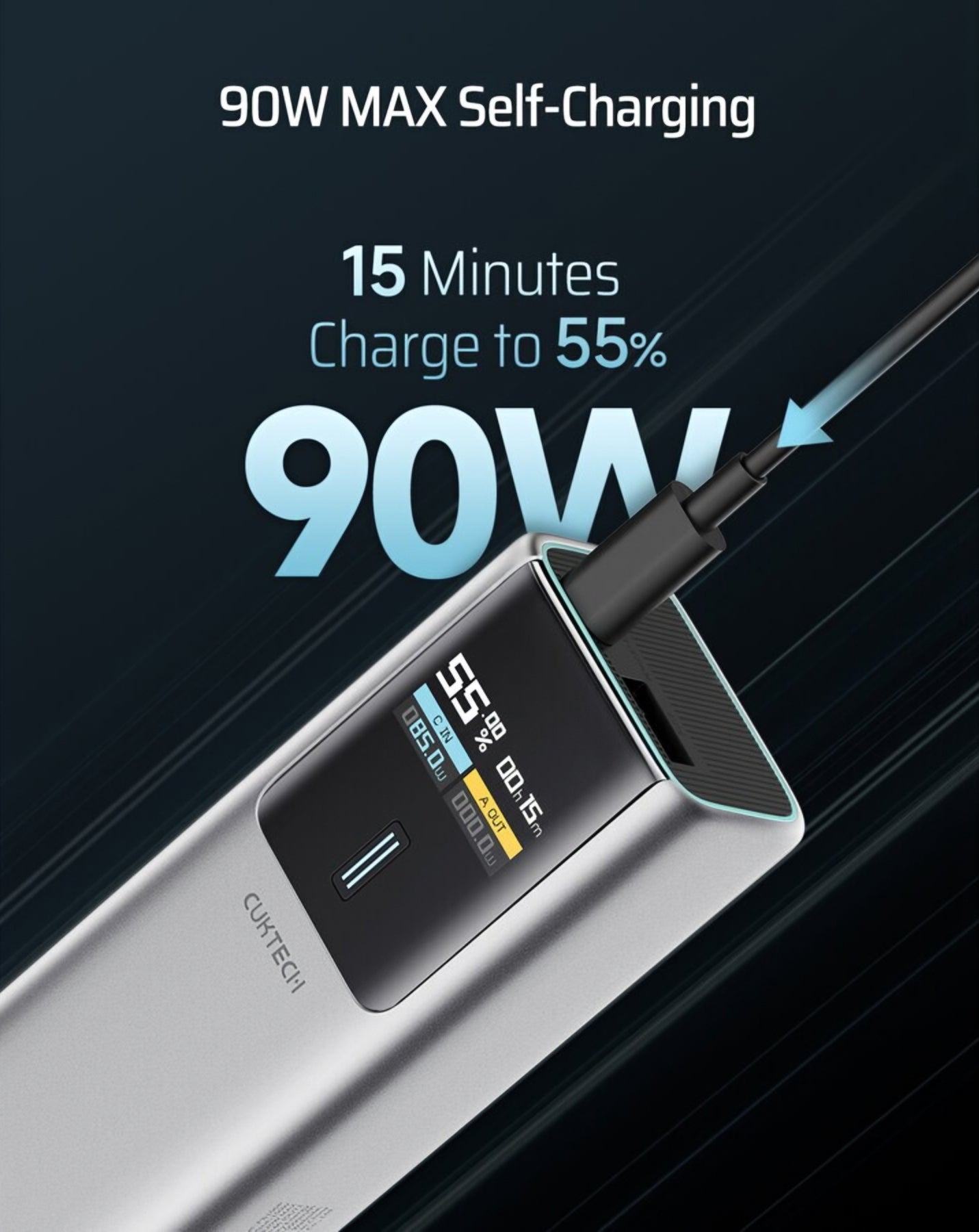 Εξωτερική Μπαταρία Cuktech, 10000mAh, 150W, QC + PD, 1 x USB-A - 1 x USB-C, Γκρι CKPB100PGLBK