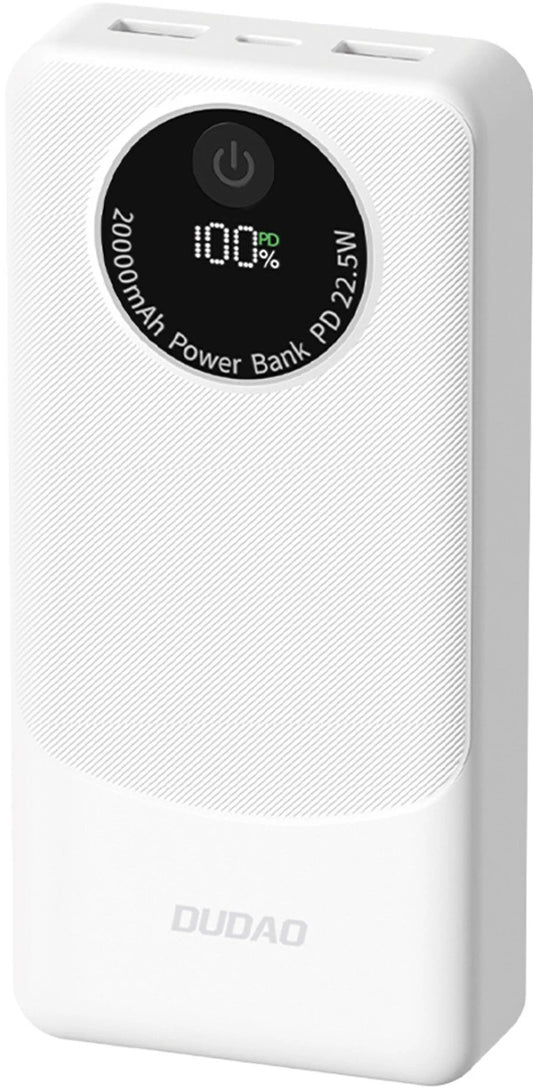 Dudao K12Pro External Battery, 20000mAh, 22.5W, QC + PD, 1 x USB-C - 2 x USB-A, White