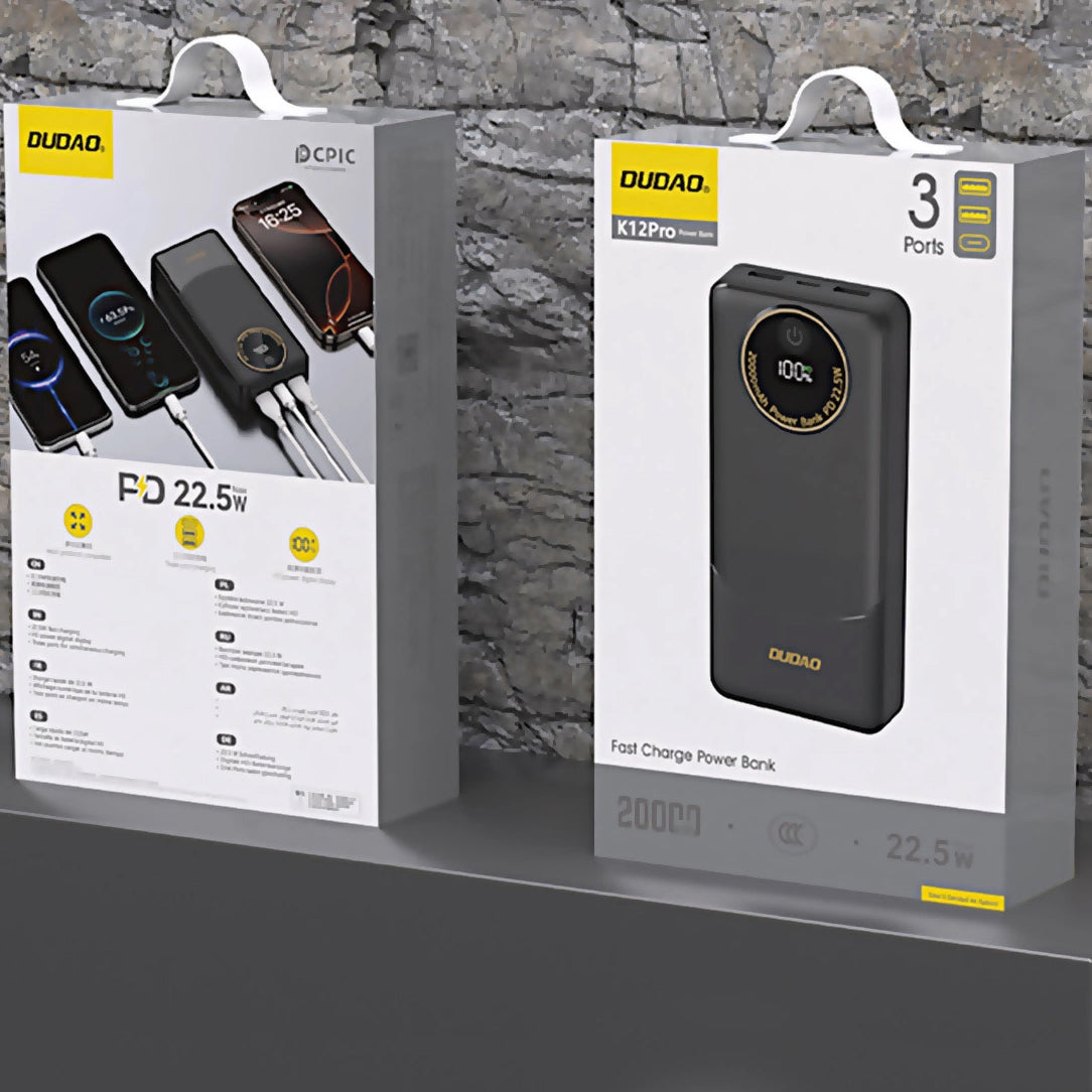 Εξωτερική Μπαταρία Dudao K12Pro, 20000mAh, 22.5W, QC + PD, 1 x USB-C - 2 x USB-A, Μαύρη