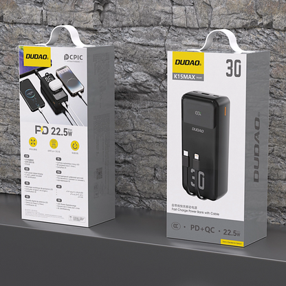 Dudao K15MAX External Battery, 30000mAh, 22.5W, QC + PD, 1 x USB-A - 2 x Lightning - 2 x USB-C, Black