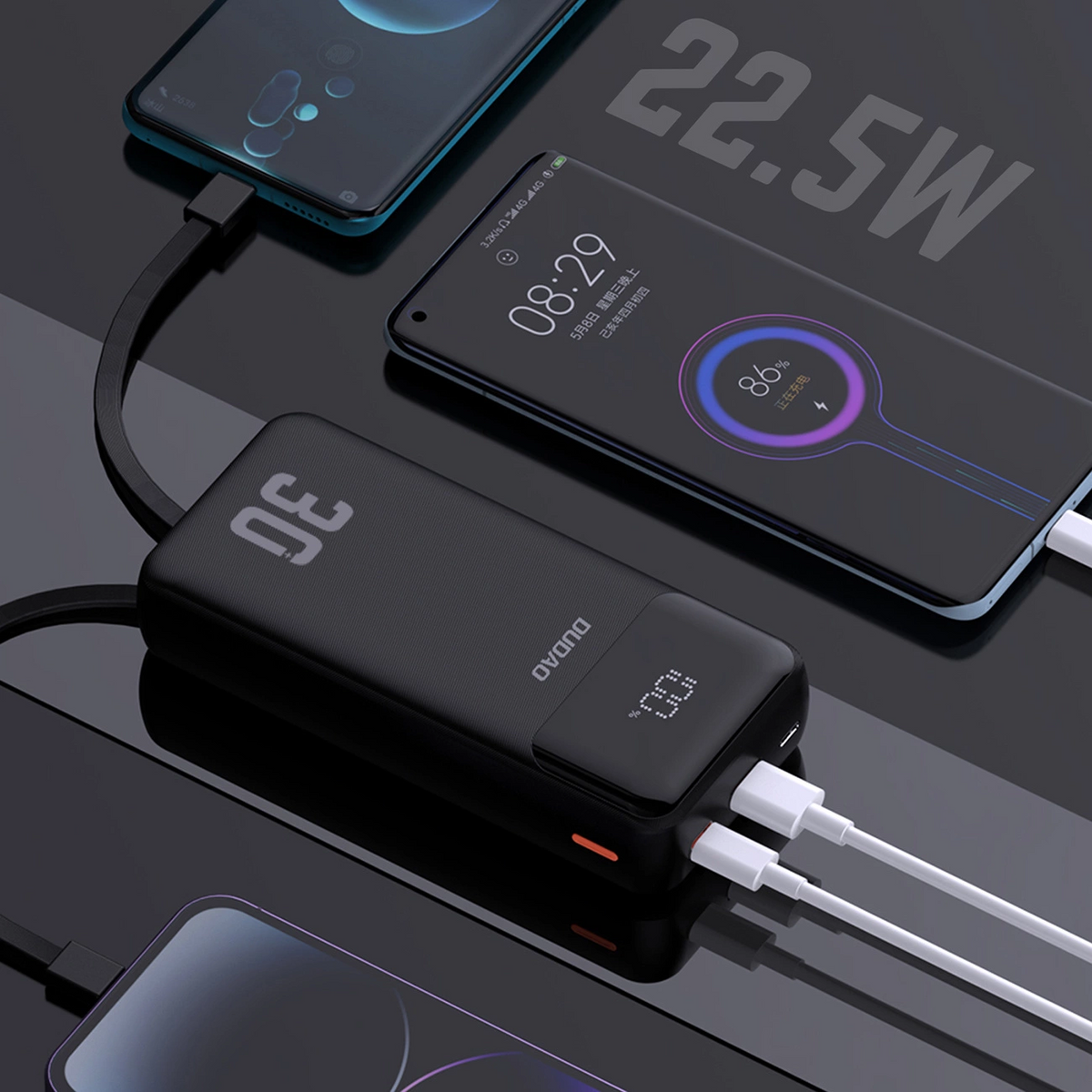 Dudao K15MAX External Battery, 30000mAh, 22.5W, QC + PD, 1 x USB-A - 2 x Lightning - 2 x USB-C, Black