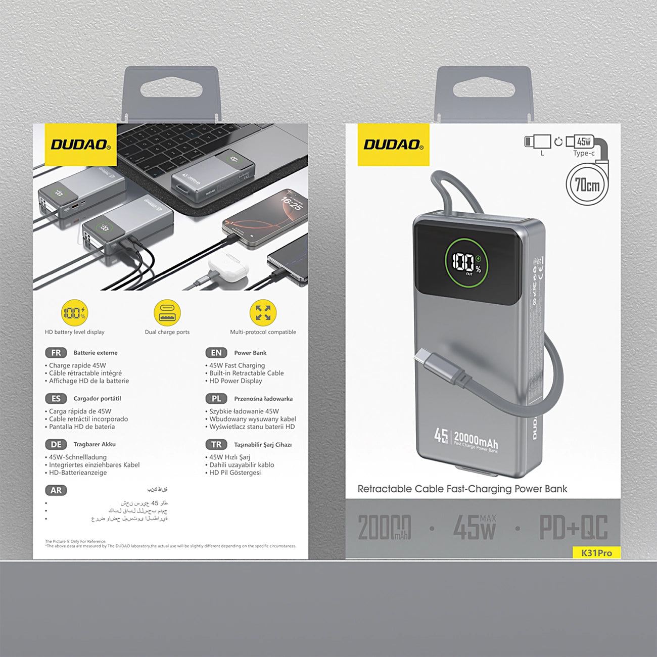 Εξωτερική Μπαταρία Dudao K31 Pro, 20000mAh, 45W, QC + PD, 1 x USB-A - 2 x USB-C, Γκρι