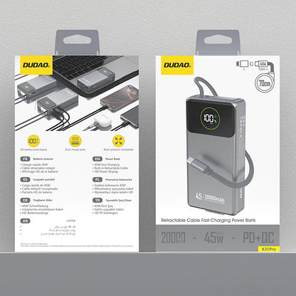 Εξωτερική Μπαταρία Dudao K31 Pro, 20000mAh, 45W, QC + PD, 1 x USB-A - 2 x USB-C, Γκρι