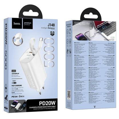 Εξωτερική μπαταρία HOCO J148 2 σε 1, 5000mAh, 20W, PD, 2 x USB-C, Λευκή