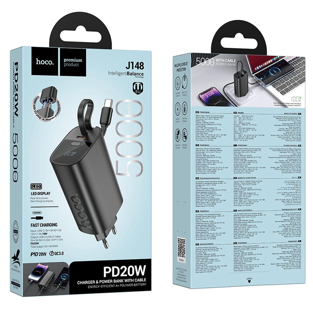 Power Bank HOCO J148 2 σε 1, 5000 mAh, 20 W, PD, 2 x USB-C, Μαύρο