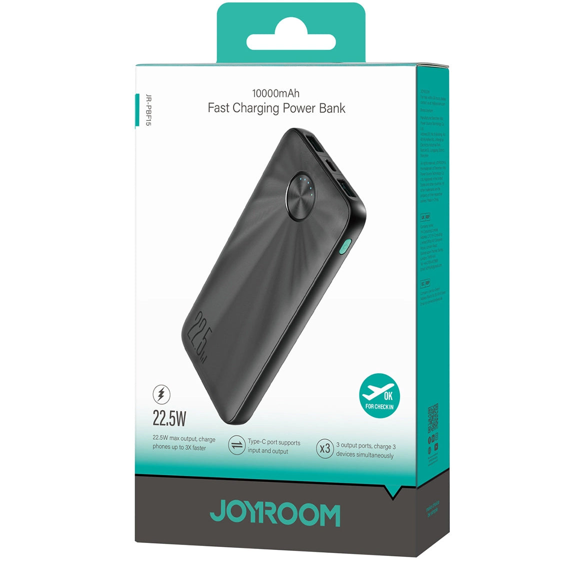 Εξωτερική μπαταρία Joyroom JR-PBF15, 10000mAh, 22.5W, QC + PD, 1 x USB-C - 2 x USB-A, Μαύρο 