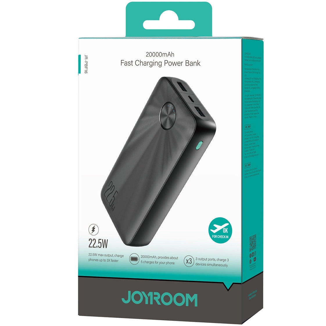 Εξωτερική μπαταρία Joyroom JR-PBF16, 20000mAh, 22.5W, QC + PD, 1 x USB-C - 2 x USB-A, Μαύρο 