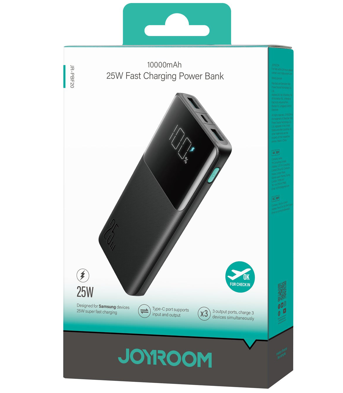 Εξωτερική Μπαταρία Joyroom JR-PBF20, 10000mAh, 25W, QC + PD, 1 x USB-C - 2 x USB-A, Μαύρη