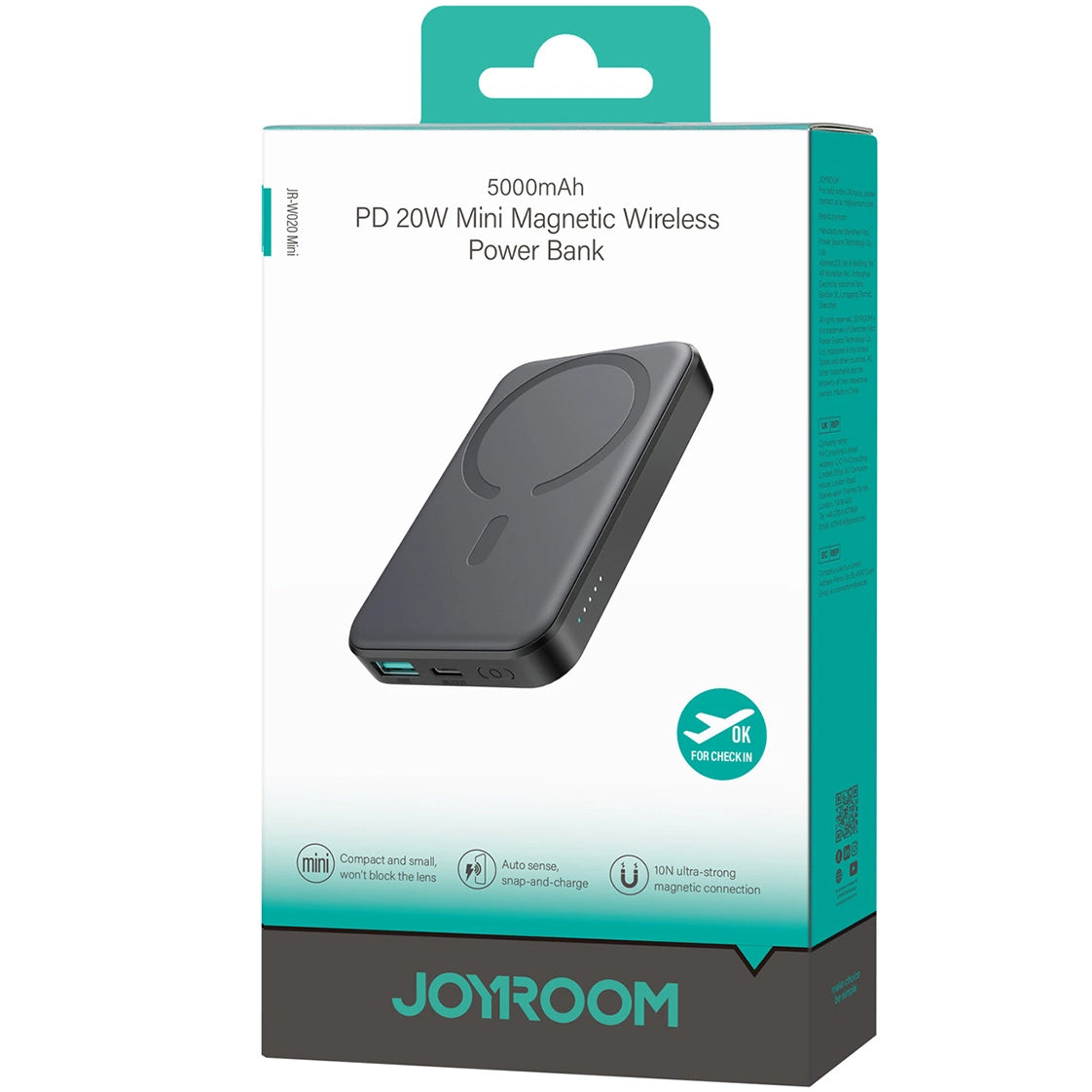 Joyroom JR-W020 Εξωτερική μπαταρία MagSafe, 5000mAh, 20W, QC + PD + FQI, 1 x QI - 1 x USB-A - 1 x USB-C, Μαύρο 