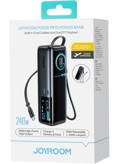 Εξωτερική μπαταρία Joyroom PODIX PR70, 25000mAh, 240W, QC + PD, 1 x USB-A - 3 x USB-C, Μαύρη
