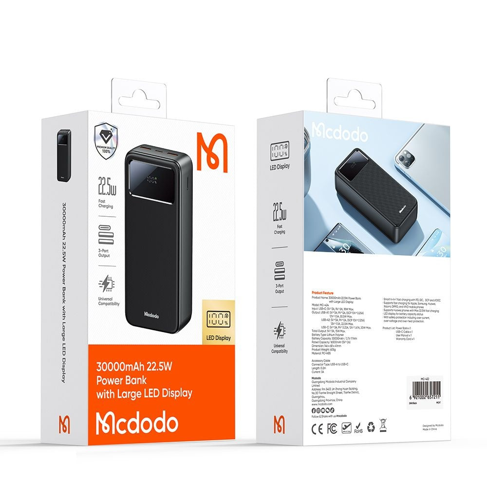 Εξωτερική Μπαταρία McDodo MC-4240, 30000mAh, 22.5W, QC + PD, 2 x USB-A - 1 x USB-C, Μαύρη