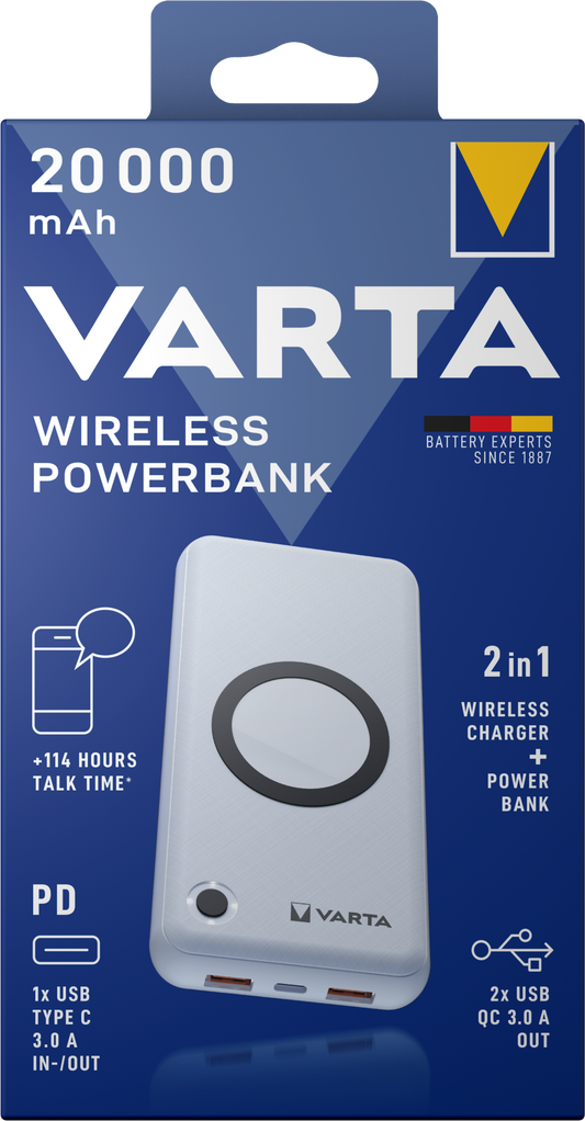 Ασύρματη εξωτερική μπαταρία Varta Energy, 20000mAh, 18W, QC + PD + FQI, 1 x QI - 1 x USB-C - 2 x USB-A, λευκό