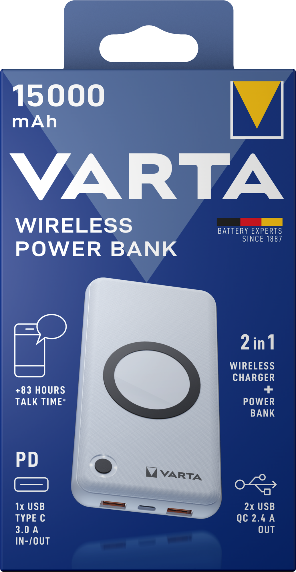 Ασύρματη εξωτερική μπαταρία Varta Energy, 15000mAh, 18W, QC + PD + FQI, 1 x QI - 1 x USB-C - 2 x USB-A, λευκό