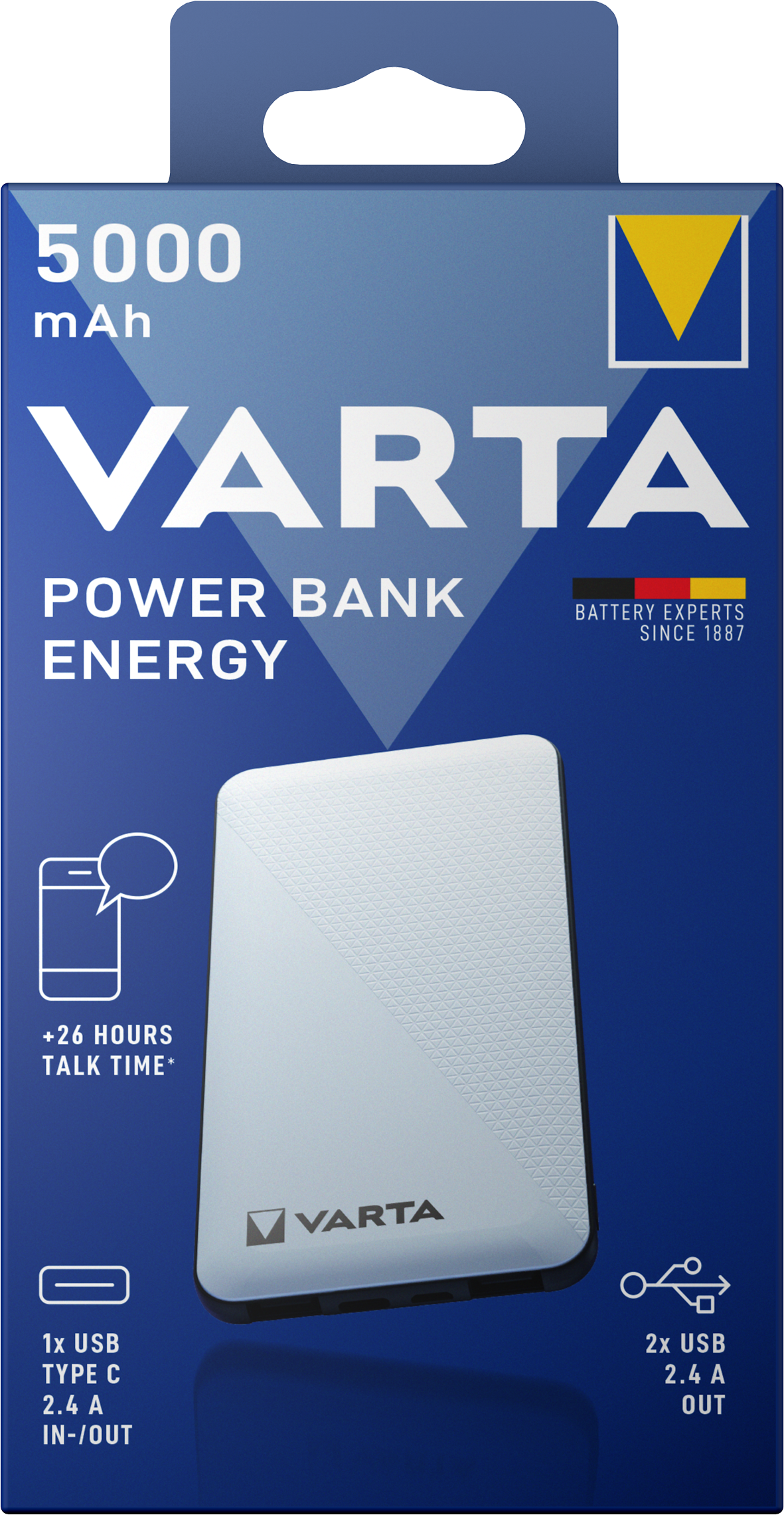 Εξωτερική μπαταρία Varta Energy, 5000mAh, 15W, 2 x USB-A - 1 x USB-C, λευκό