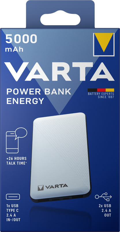 Εξωτερική μπαταρία Varta Energy, 5000mAh, 15W, 2 x USB-A - 1 x USB-C, λευκό