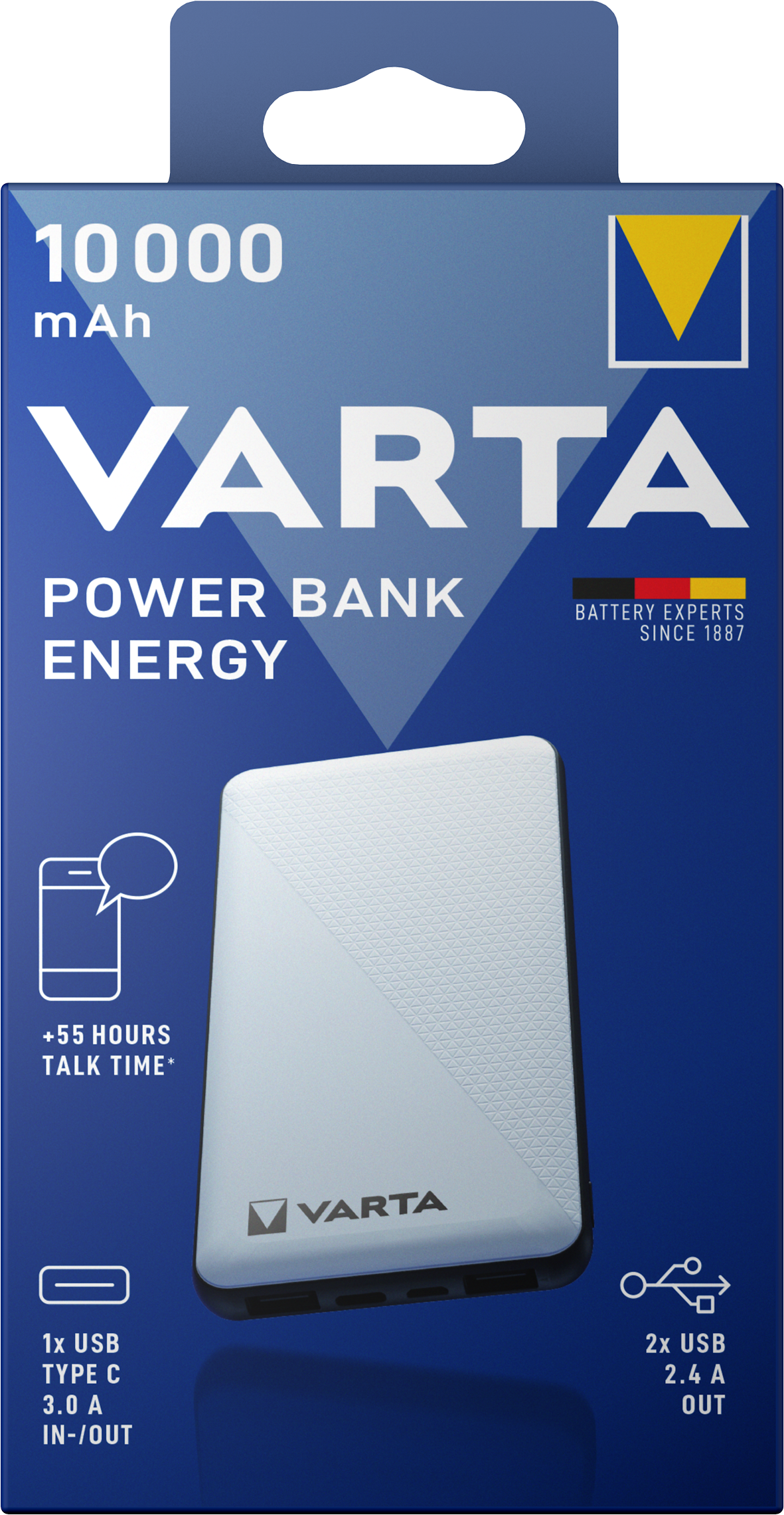 Εξωτερική μπαταρία Varta Energy, 10000mAh, 15W, 2 x USB-A - 1 x USB-C, λευκό