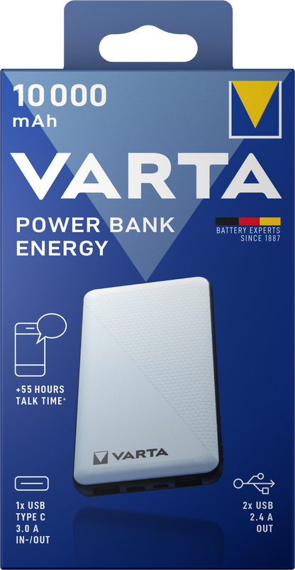 Εξωτερική μπαταρία Varta Energy, 10000mAh, 15W, 2 x USB-A - 1 x USB-C, λευκό