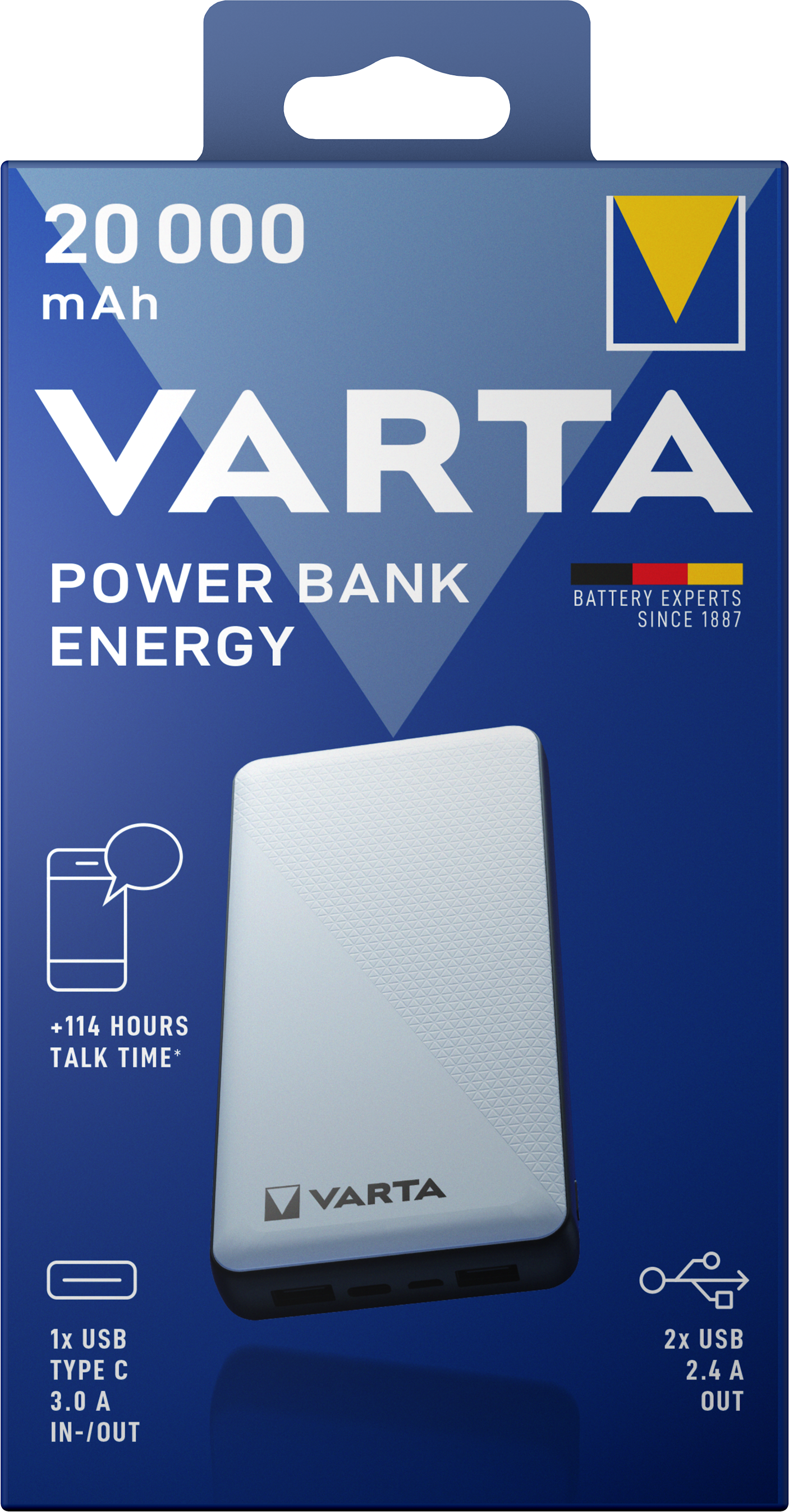 Εξωτερική μπαταρία Varta Energy, 20000mAh, 15W, 2 x USB-A - 1 x USB-C, λευκό