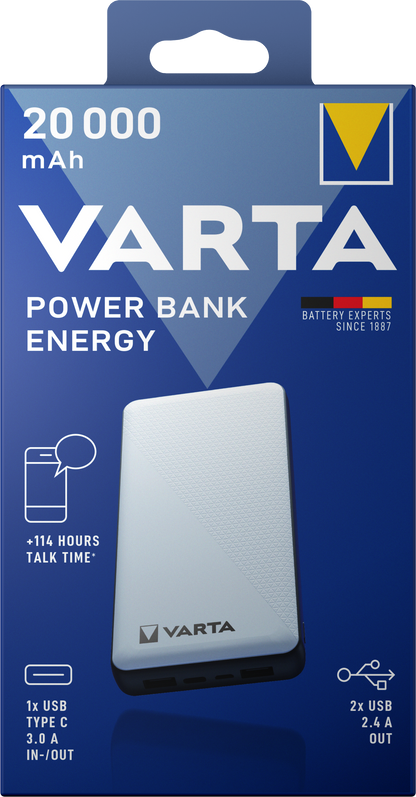 Εξωτερική μπαταρία Varta Energy, 20000mAh, 15W, 2 x USB-A - 1 x USB-C, λευκό