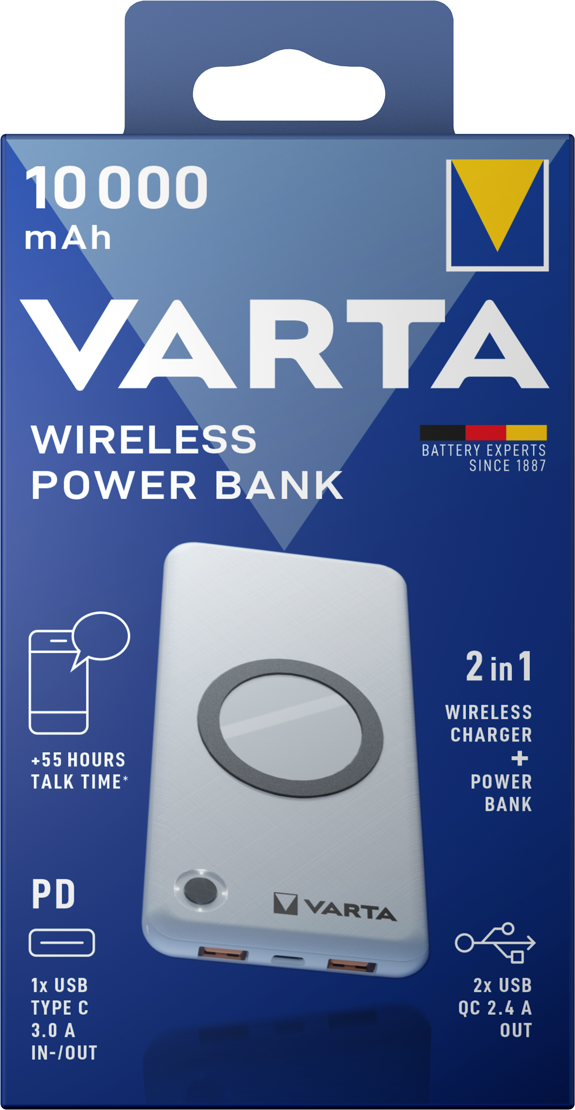 Ασύρματη εξωτερική μπαταρία Varta Energy, 10000mAh, 18W, QC + PD + FQI, 1 x QI - 1 x USB-C - 2 x USB-A, Λευκό