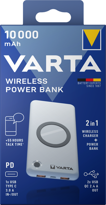 Ασύρματη εξωτερική μπαταρία Varta Energy, 10000mAh, 18W, QC + PD + FQI, 1 x QI - 1 x USB-C - 2 x USB-A, Λευκό