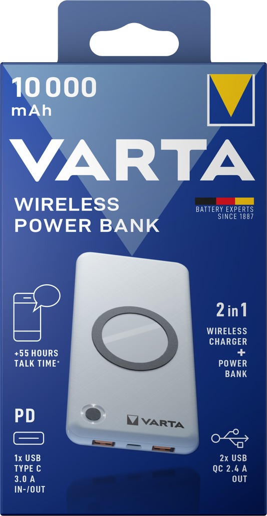 Ασύρματη εξωτερική μπαταρία Varta Energy, 10000mAh, 18W, QC + PD + FQI, 1 x QI - 1 x USB-C - 2 x USB-A, Λευκό