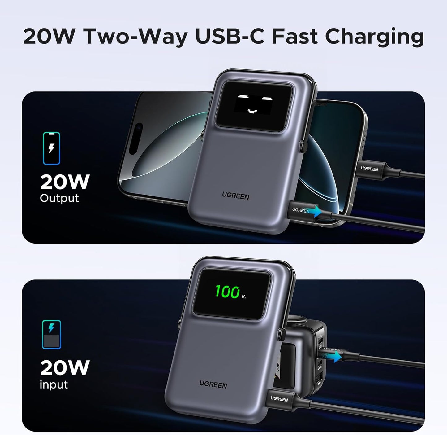 Εξωτερική Μπαταρία Wireless UGREEN PB572 Uno, 10000mAh, 20W, PD + FQI, 1 x QI - 1 x USB-C, Γκρι