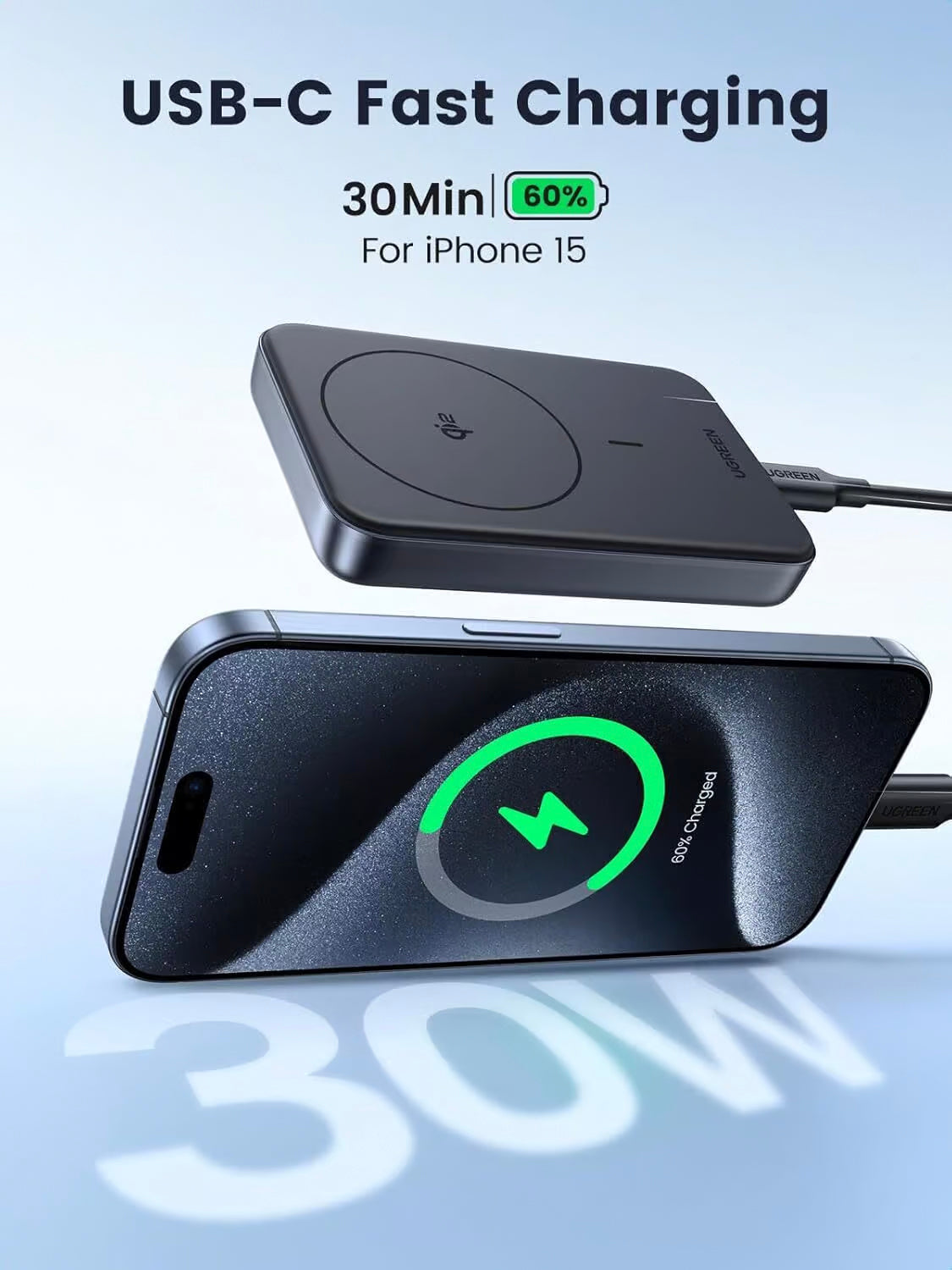 Εξωτερική Μπαταρία UGREEN PB761, 10000mAh, 30W, PD + FQI, 1 x QI - 1 x USB-C, Γκρι