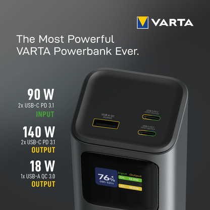 Εξωτερική Μπαταρία Varta High Speed, 27000mAh, 140W, QC + PD, 1 x USB-A - 2 x USB-C, Μαύρη