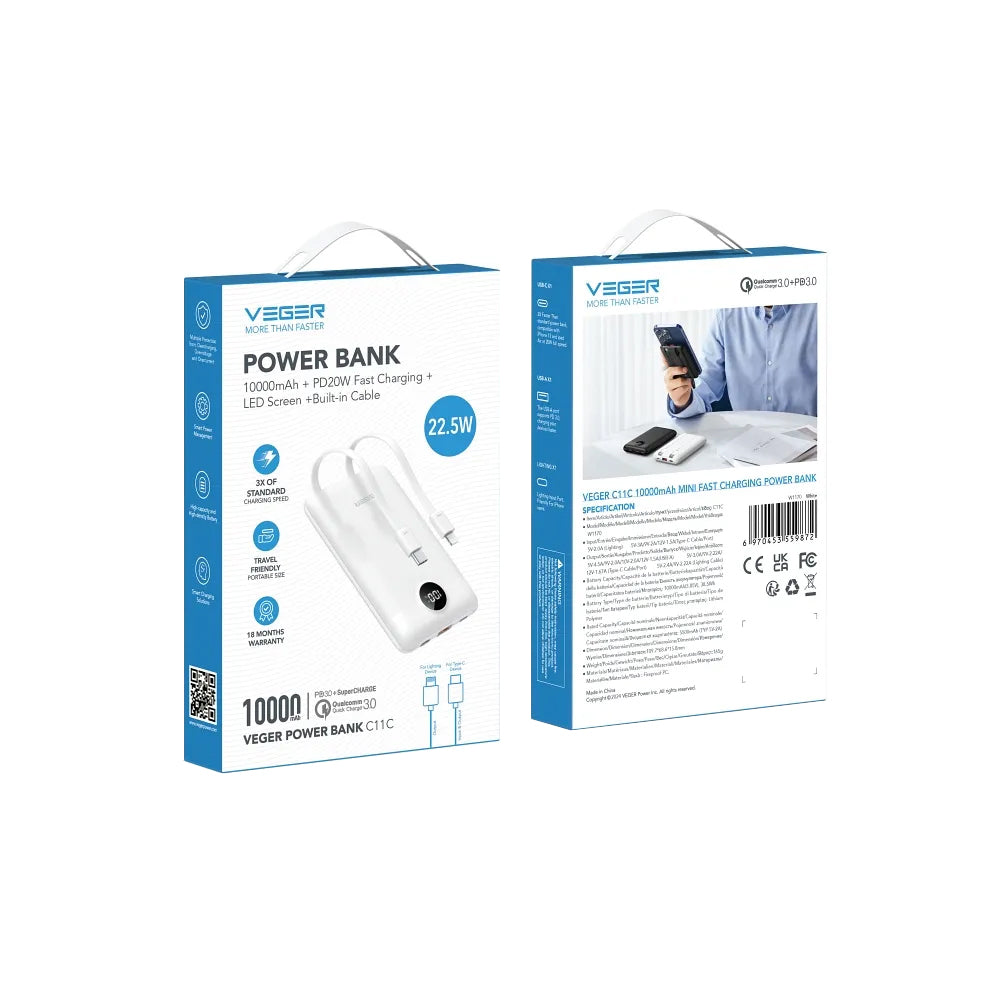 Εξωτερική Μπαταρία Veger C11C, 10000mAh, 22.5W, QC + PD, 1 x Lightning - 1 x USB-A - 2 x USB-C, Λευκή