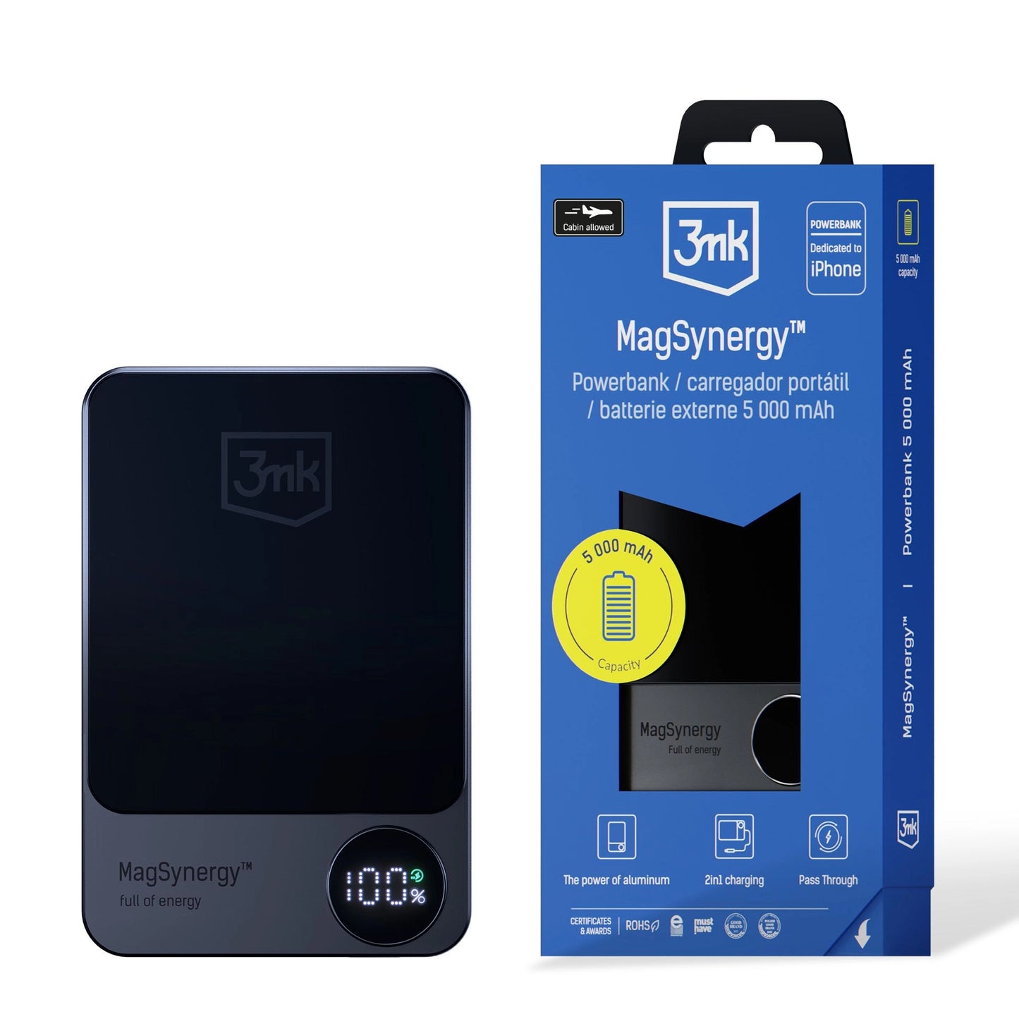 3MK MagSynergy Ασύρματη εξωτερική μπαταρία, 5000mAh, 18W, PD + FQI, 1 x QI - 1 x USB-C, Μαύρο