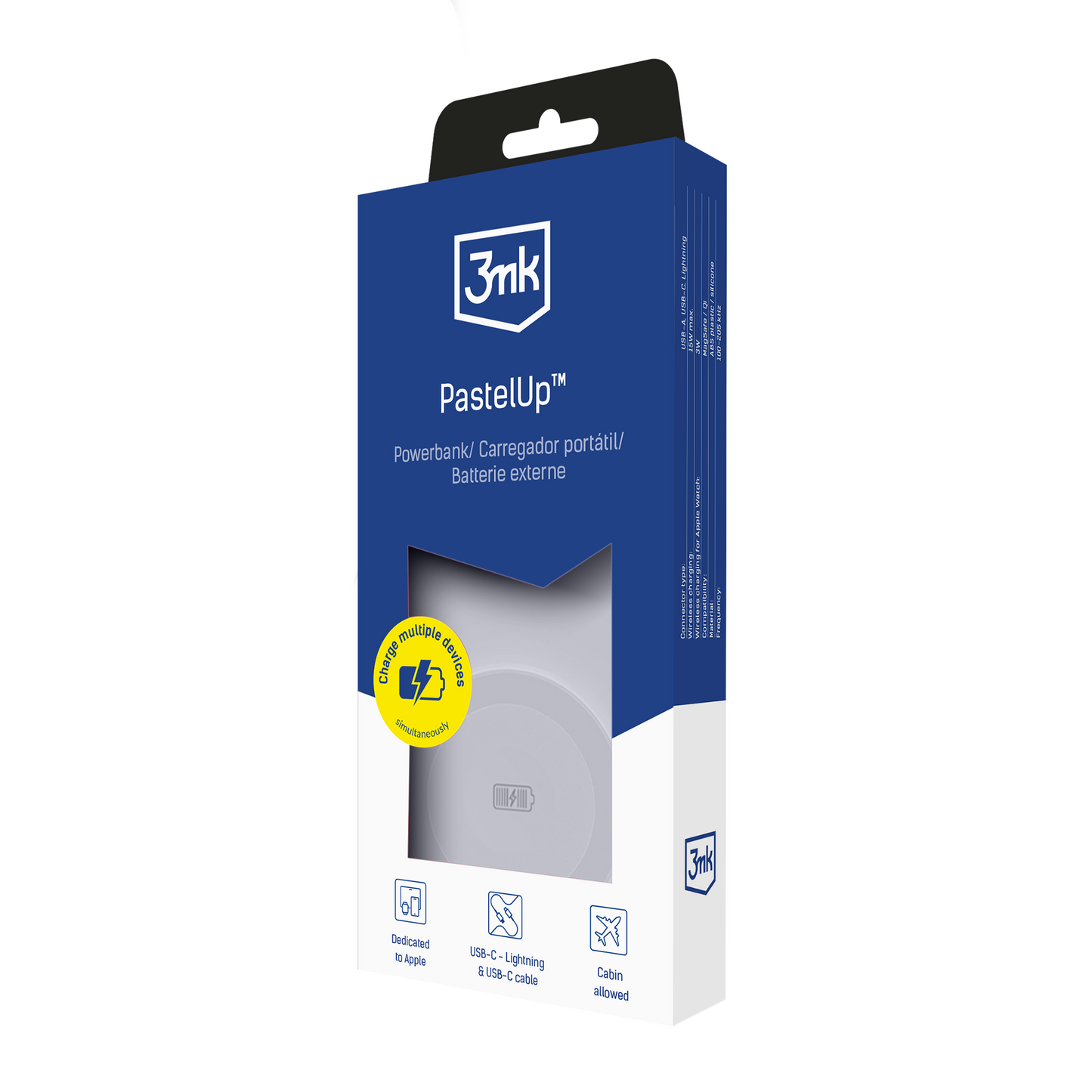 Εξωτερική Μπαταρία Wireless 3MK PastelUp, 10000mAh, 22.5W, QC + PD + FQI, 1 x USB-A - 1 x USB-C - 2 x QI, Λευκή